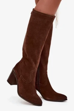 Kozaki Damskie Z Naturalnego Zamszu Ocieplane Obcas Słupek Sergio Leone KZ25668-S Brązowe