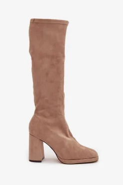 Kozaki Damskie Z Przeszyciami Na Słupkowym Obcasie Beżowe Brivana