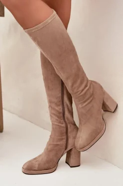 Kozaki Damskie Z Przeszyciami Na Słupkowym Obcasie Beżowe Brivana