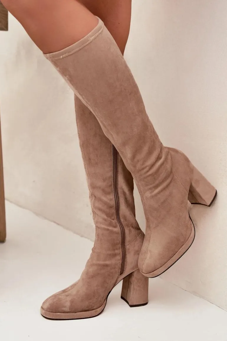 Kozaki Damskie Z Przeszyciami Na Słupkowym Obcasie Beżowe Brivana