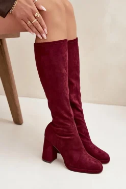 Kozaki Damskie Z Przeszyciami Na Słupkowym Obcasie Bordowe Brivana