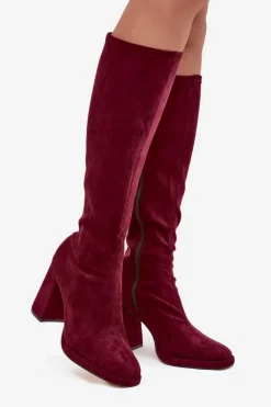 Kozaki Damskie Z Przeszyciami Na Słupkowym Obcasie Bordowe Brivana