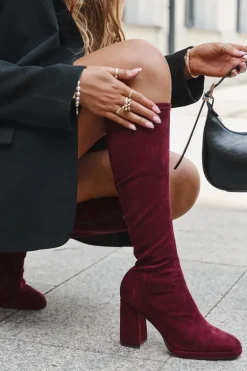 Kozaki Damskie Z Przeszyciami Na Słupkowym Obcasie Bordowe Brivana