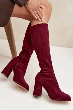 Kozaki Damskie Z Przeszyciami Na Słupkowym Obcasie Bordowe Brivana