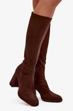 Kozaki Damskie Z Przeszyciami Na Słupkowym Obcasie Brązowe Brivana