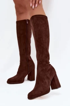 Kozaki Damskie Z Przeszyciami Na Słupkowym Obcasie Brązowe Brivana