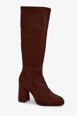 Kozaki Damskie Z Przeszyciami Na Słupkowym Obcasie Brązowe Brivana