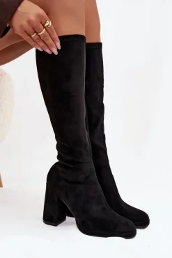 Kozaki Damskie Z Przeszyciami Na Słupkowym Obcasie Czarne Brivana