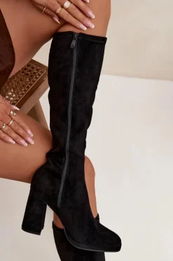 Kozaki Damskie Z Przeszyciami Na Słupkowym Obcasie Czarne Brivana