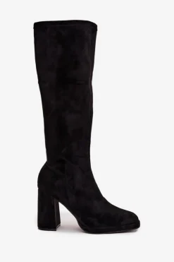 Kozaki Damskie Z Przeszyciami Na Słupkowym Obcasie Czarne Brivana