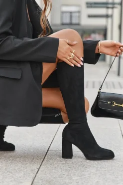 Kozaki Damskie Z Przeszyciami Na Słupkowym Obcasie Czarne Brivana