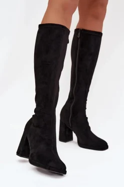 Kozaki Damskie Z Przeszyciami Na Słupkowym Obcasie Czarne Brivana