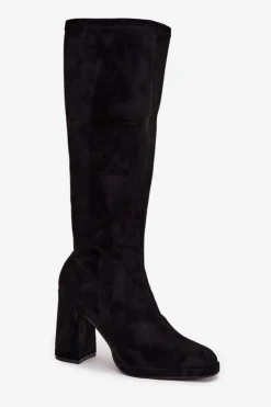 Kozaki Damskie Z Przeszyciami Na Słupkowym Obcasie Czarne Brivana