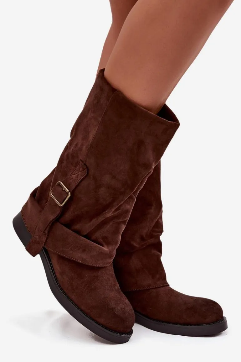 Kozaki Damskie Z Wywiniętą Cholewką Do Połowy Łydki Z Klamrą Czekoladowe Minelle