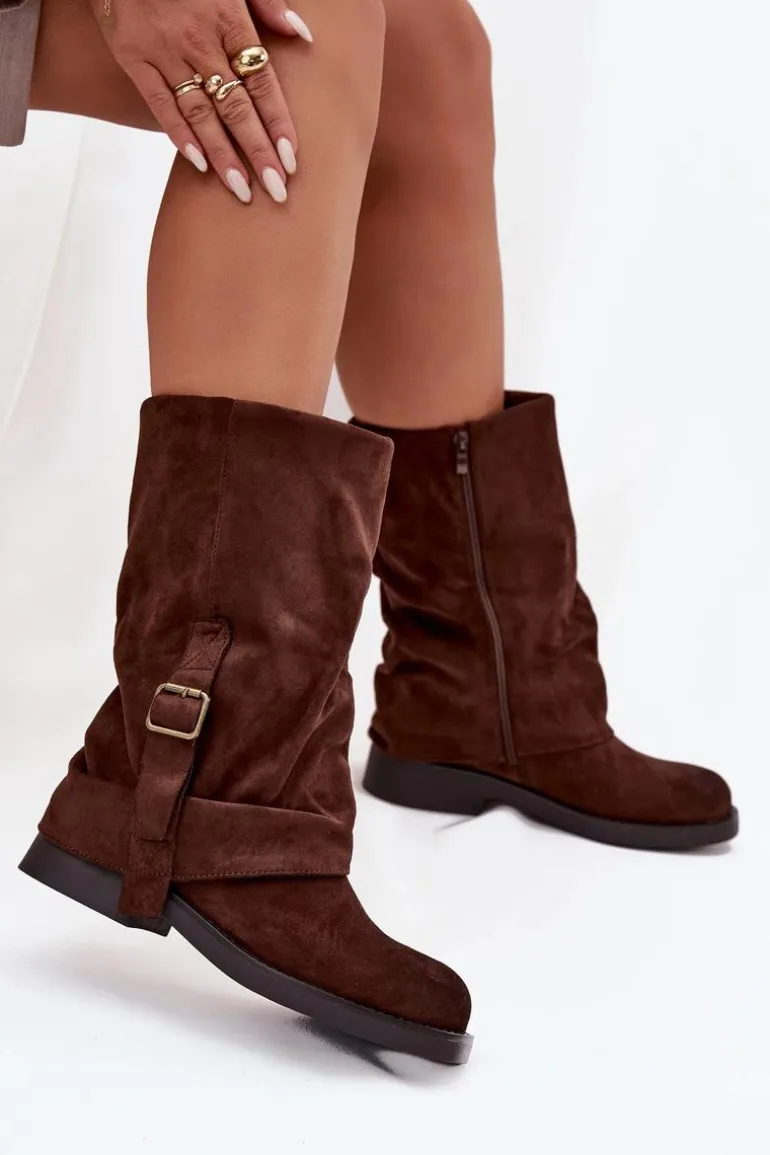 Kozaki Damskie Z Wywiniętą Cholewką Do Połowy Łydki Z Klamrą Czekoladowe Minelle