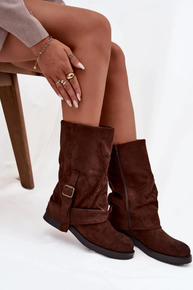 Kozaki Damskie Z Wywiniętą Cholewką Do Połowy Łydki Z Klamrą Czekoladowe Minelle