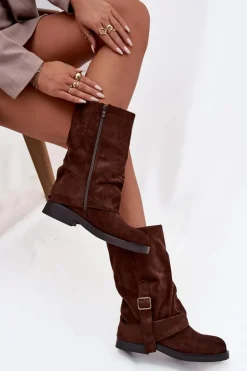 Kozaki Damskie Z Wywiniętą Cholewką Do Połowy Łydki Z Klamrą Czekoladowe Minelle