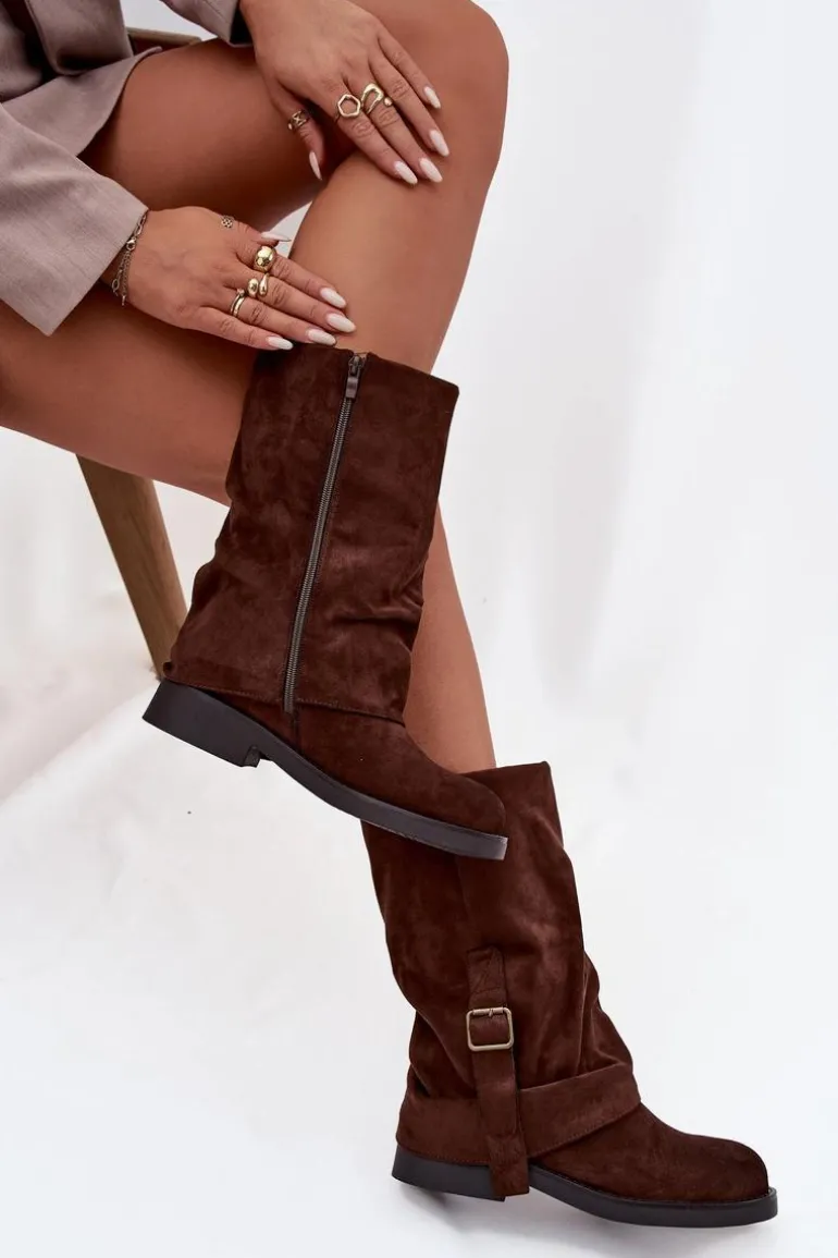 Kozaki Damskie Z Wywiniętą Cholewką Do Połowy Łydki Z Klamrą Czekoladowe Minelle