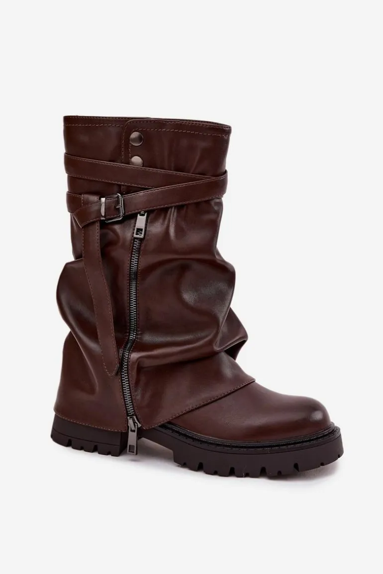 Kozaki Damskie Z Wywiniętą Cholewką Do Połowy Łydki Z Paskiem Czekoladowe Darisa