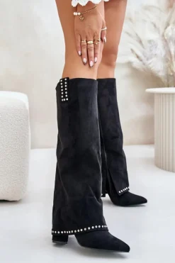 Kozaki Damskie Z Wywiniętą Cholewką Na Słupku Czarne Kaithena