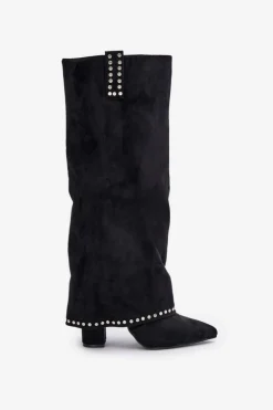 Kozaki Damskie Z Wywiniętą Cholewką Na Słupku Czarne Kaithena