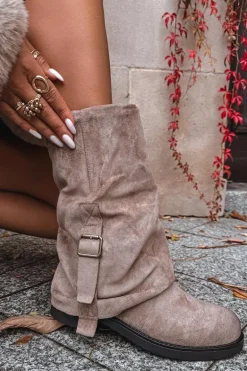 Kozaki Damskie Z Wywiniętą Cholewką Do Połowy Łydki Z Klamrą Khaki Minelle