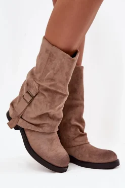 Kozaki Damskie Z Wywiniętą Cholewką Do Połowy Łydki Z Klamrą Khaki Minelle