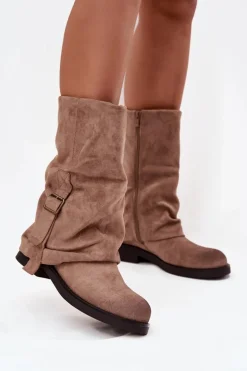 Kozaki Damskie Z Wywiniętą Cholewką Do Połowy Łydki Z Klamrą Khaki Minelle