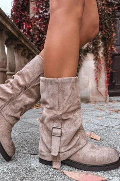 Kozaki Damskie Z Wywiniętą Cholewką Do Połowy Łydki Z Klamrą Khaki Minelle