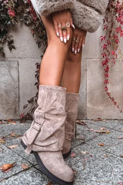 Kozaki Damskie Z Wywiniętą Cholewką Do Połowy Łydki Z Klamrą Khaki Minelle