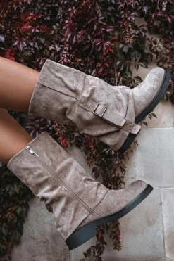 Kozaki Damskie Z Wywiniętą Cholewką Do Połowy Łydki Z Klamrą Khaki Minelle