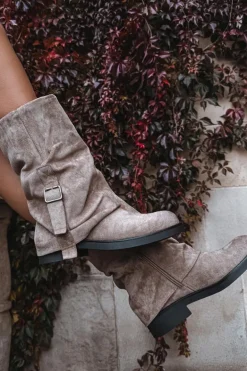 Kozaki Damskie Z Wywiniętą Cholewką Do Połowy Łydki Z Klamrą Khaki Minelle