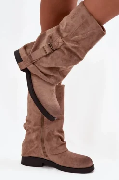 Kozaki Damskie Z Wywiniętą Cholewką Do Połowy Łydki Z Klamrą Khaki Minelle