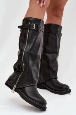 Kozaki Damskie Z Wywiniętą Cholewką Klamrą I Srebrnym Zamkiem Ocieplane Czarne Bressa