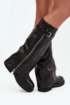 Kozaki Damskie Z Wywiniętą Cholewką Klamrą I Srebrnym Zamkiem Ocieplane Czarne Bressa