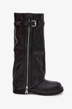 Kozaki Damskie Z Wywiniętą Cholewką Klamrą I Srebrnym Zamkiem Ocieplane Czarne Bressa