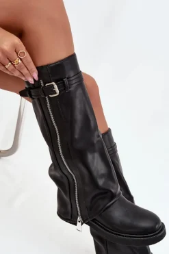 Kozaki Damskie Z Wywiniętą Cholewką Klamrą I Srebrnym Zamkiem Ocieplane Czarne Bressa