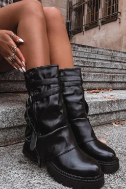 Kozaki Damskie Z Wywiniętą Cholewką Do Połowy Łydki Z Paskiem Czarne Darisa