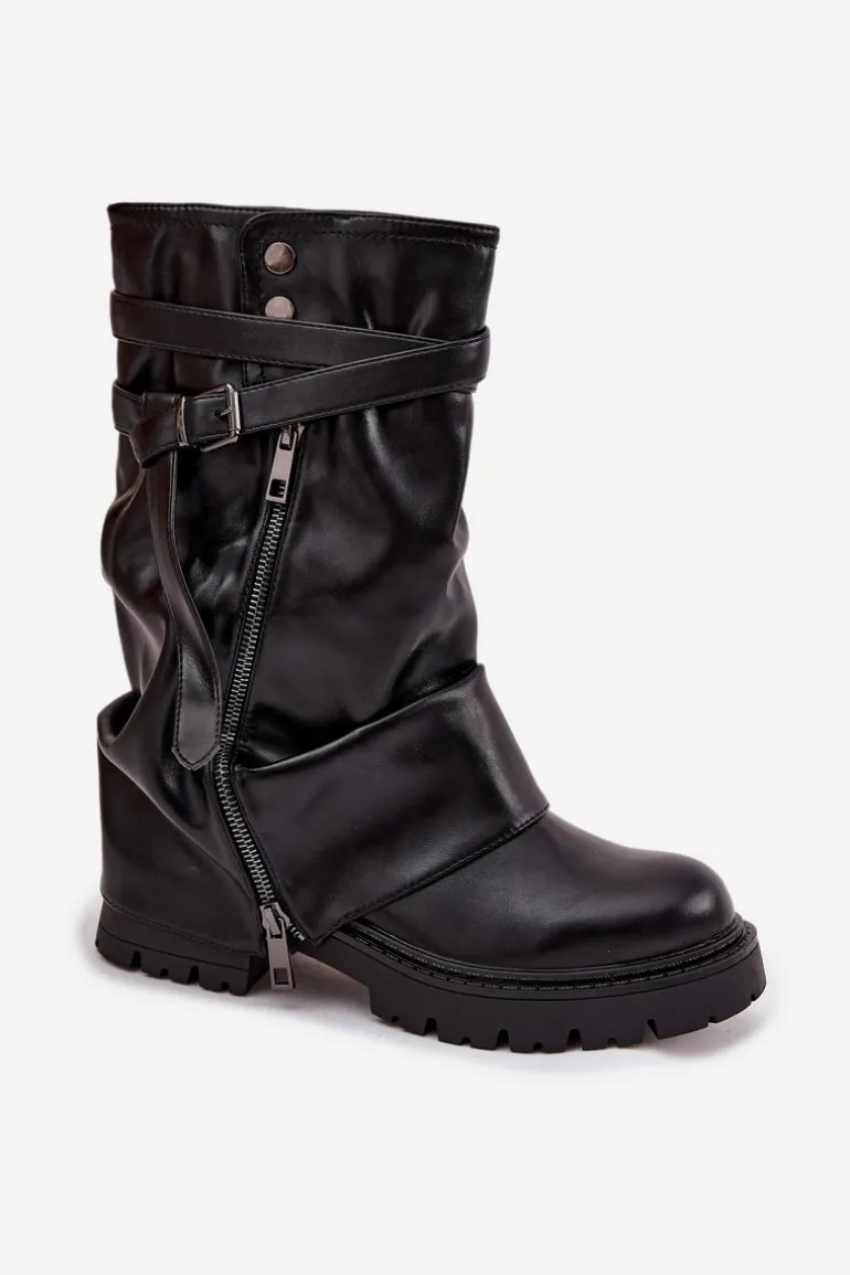 Kozaki Damskie Z Wywiniętą Cholewką Do Połowy Łydki Z Paskiem Czarne Darisa