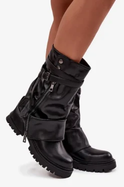 Kozaki Damskie Z Wywiniętą Cholewką Do Połowy Łydki Z Paskiem Czarne Darisa