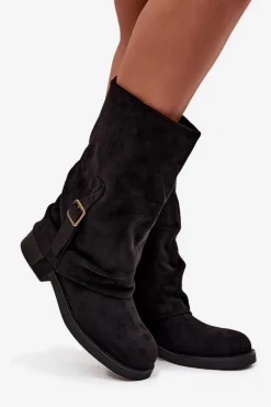 Kozaki Damskie Z Wywiniętą Cholewką Do Połowy Łydki Z Klamrą Czarne Minelle