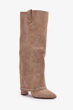 Kozaki Damskie Z Wywiniętą Cholewką Na Słupku Beżowe Kaithena