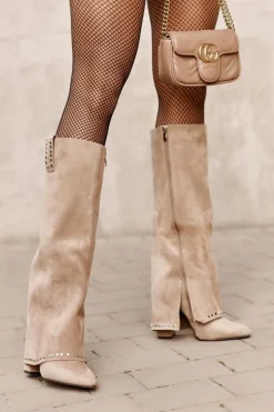 Kozaki Damskie Z Wywiniętą Cholewką Na Słupku Beżowe Kaithena