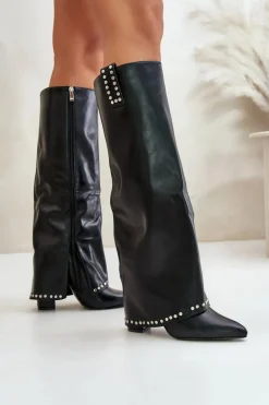 Kozaki Damskie Z Wywiniętą Cholewką Na Słupku Czarne Kaielia