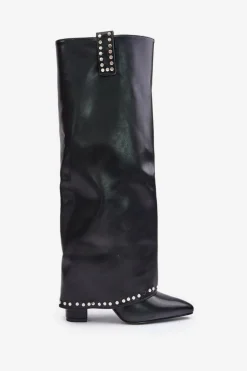 Kozaki Damskie Z Wywiniętą Cholewką Na Słupku Czarne Kaielia