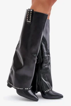 Kozaki Damskie Z Wywiniętą Cholewką Na Słupku Czarne Kaielia