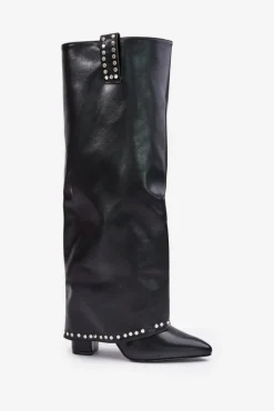 Kozaki Damskie Z Wywiniętą Cholewką Na Słupku Czarne Kaielia