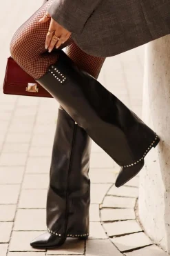 Kozaki Damskie Z Wywiniętą Cholewką Na Słupku Czarne Kaielia