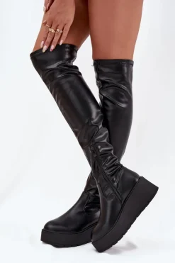Kozaki Damskie Za Kolano Na Platformie I Delikatnym Koturnie Czarne Lydira