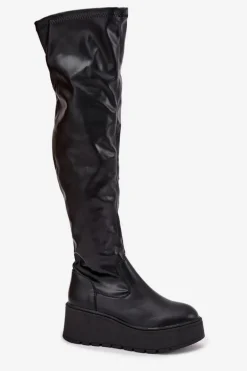 Kozaki Damskie Za Kolano Na Platformie I Delikatnym Koturnie Czarne Lydira
